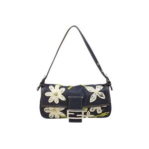 FENDI Flower Denim Mamma Bucket Embroidered One Shoulder Hobo Bag Navy Blue